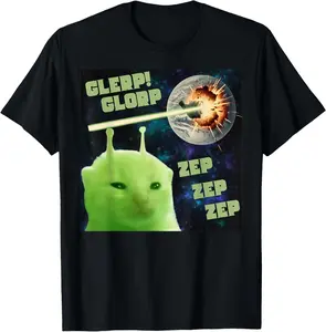 Unisex Glerp Glorp Cat Silly Alien Meme Brainrot Graphic T-Shirt - Pure Cotton, Natural Shortsleeve, Round Neck, Casual Fitness Top, Soft Menswear Gift