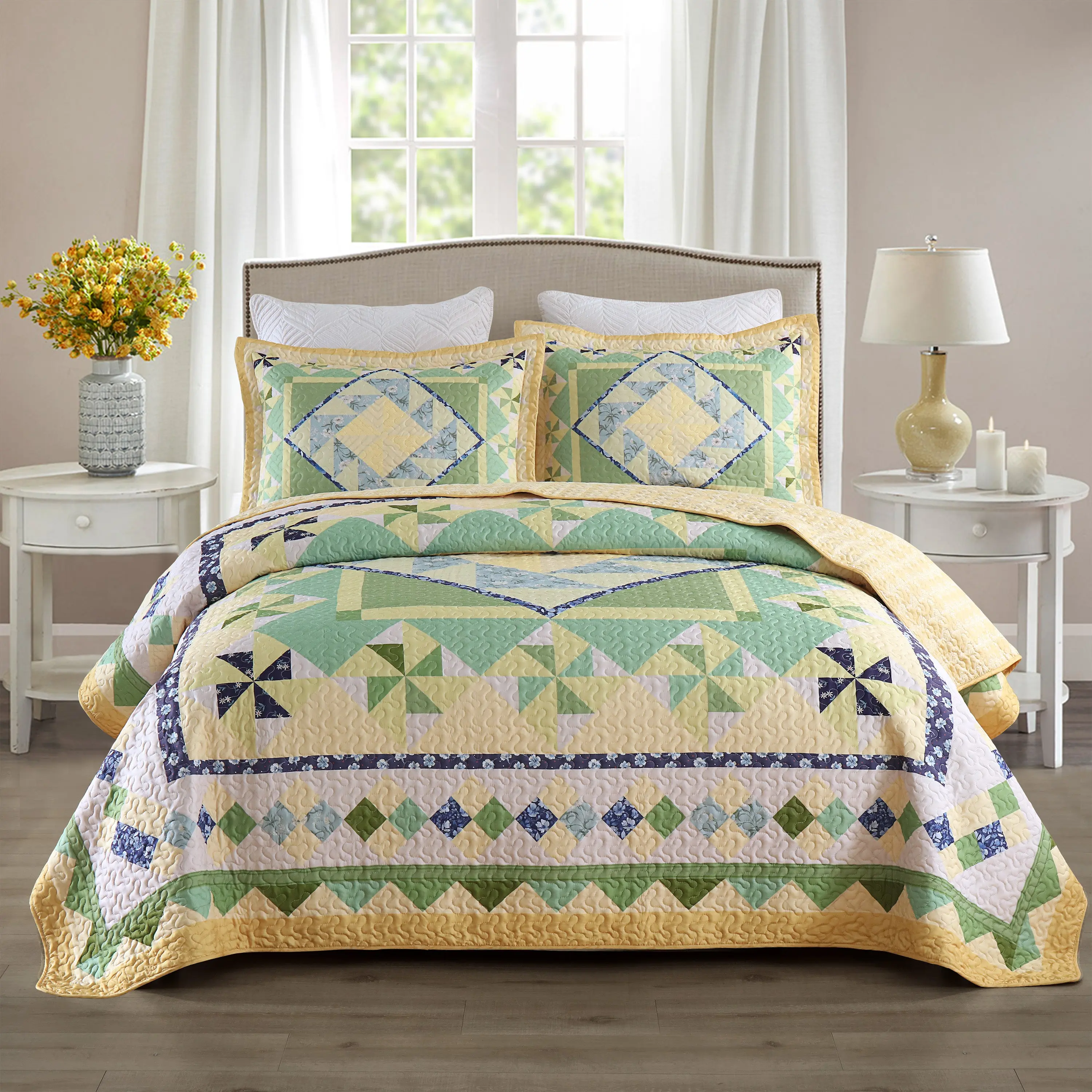 3-Piece Quilted Geometric King Bedspread Set - Flat Weave, Lightweight Breathable Ultra-Soft Polyester Coverlet for Hot Sleepers, All-Seasons Durable Machine-Washable Bedding