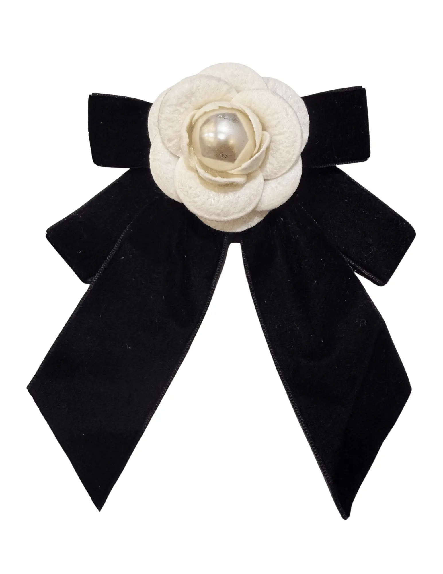 Fleur de Camélia Maureen Velvet Pearl Ribbon Brooch in Black & White