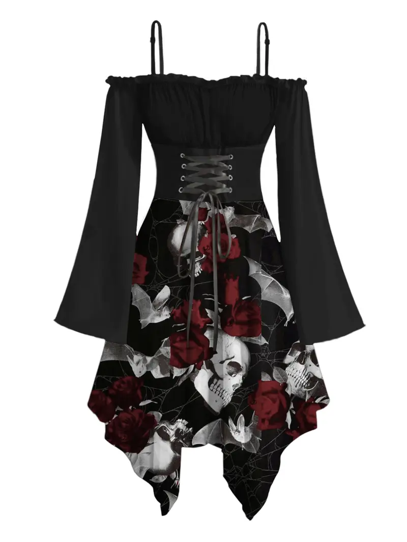 open lace back dress Skull Rose Bat Print Puff Sleeve Mini Dress, D / M