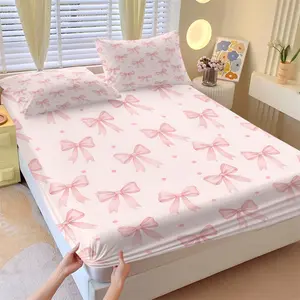 Girly Style Bowknot Fitted Sheet (With 2 Pillowcases), Soft & Comfortable, Surprising Gift for Minimalist Decor, Creates a Cozy Bedroom Ambiance, Bedsheet Sets