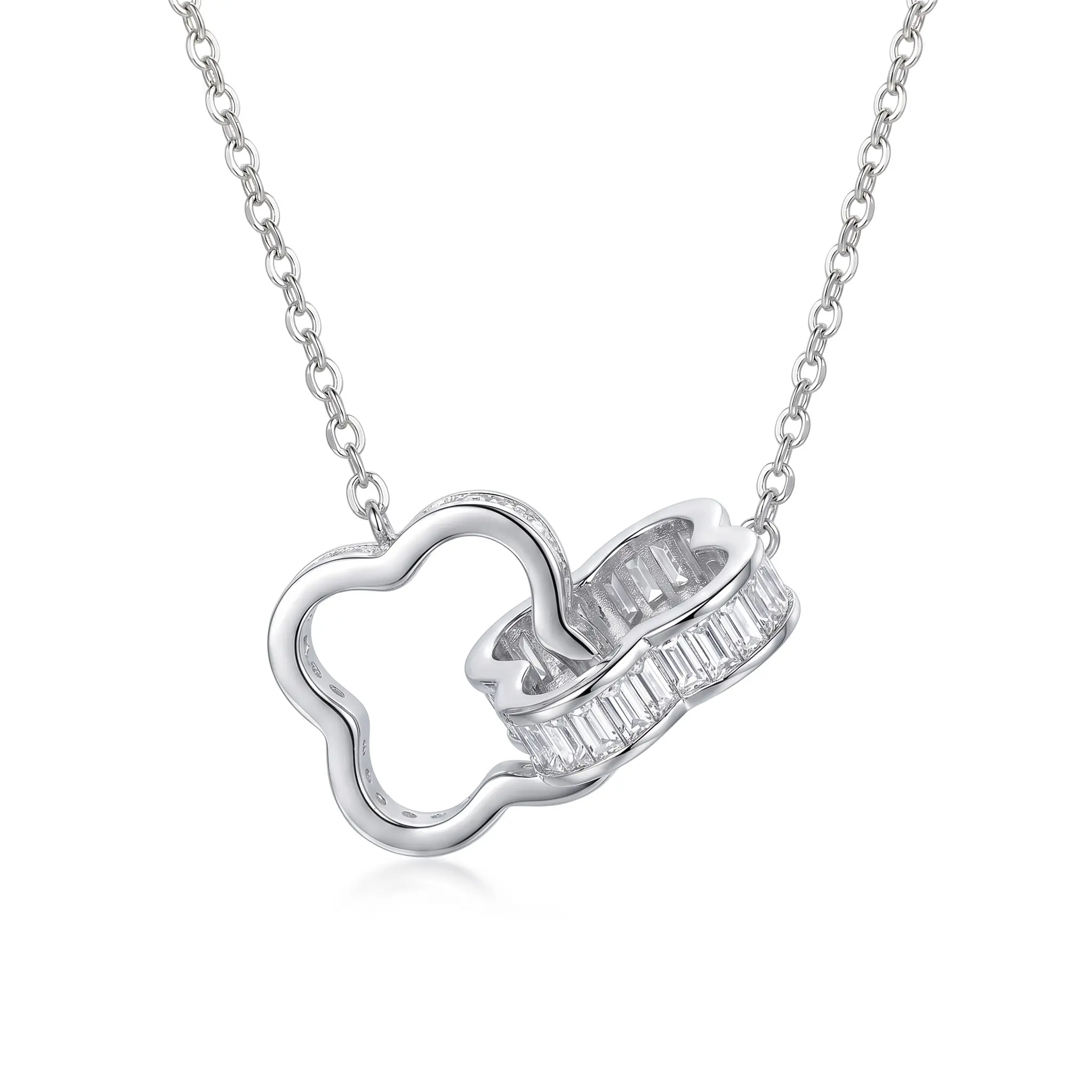 S925 Sterling Silver Interlocking Clover Heart Necklace for Wome Baguette Cubic Zirconia Linked Two Circles Choker, Platinum Plated Hypoallergenic Lucky Jewelry Gift for Her