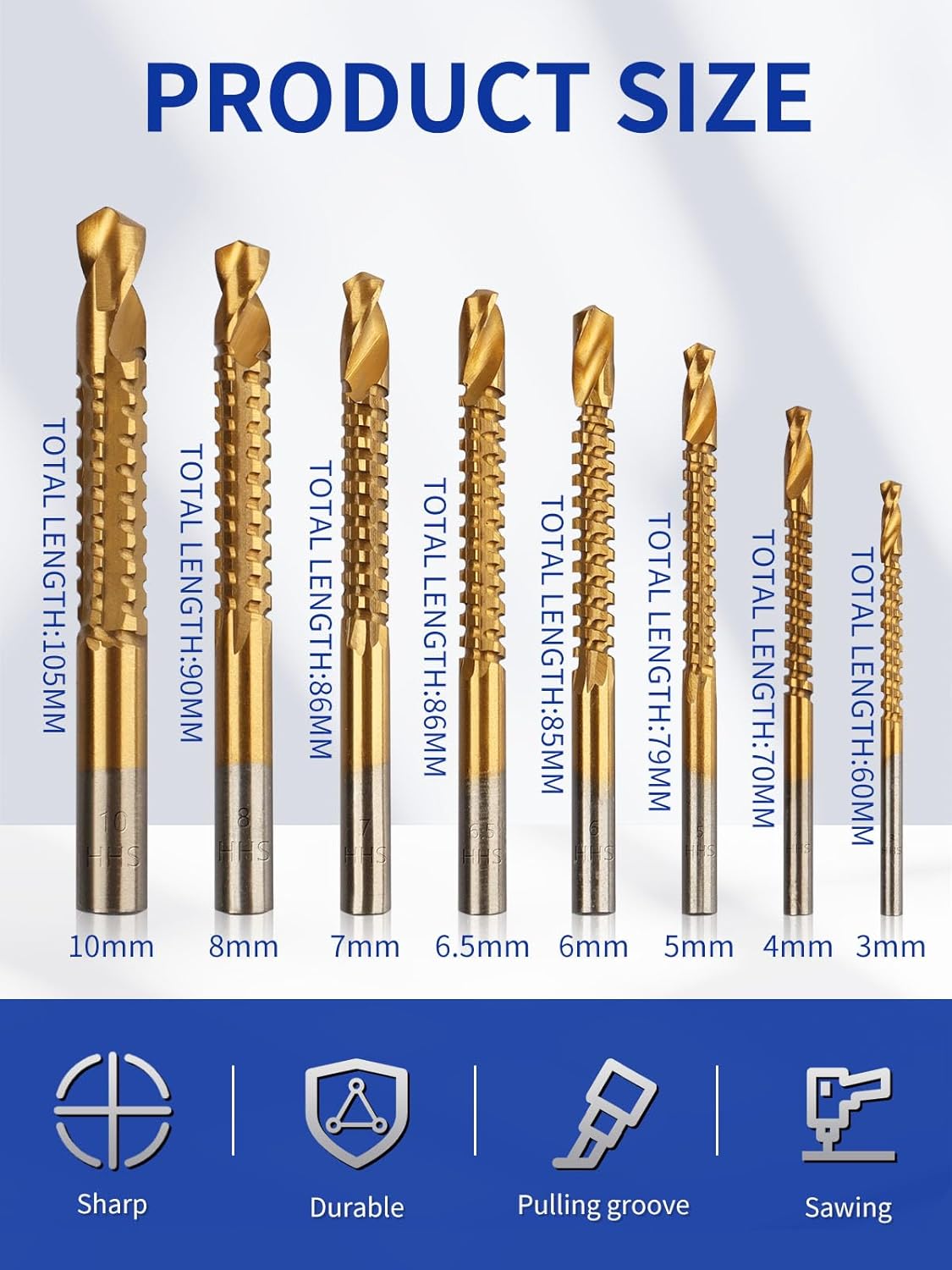 Fathersdaygift 6 or 8 Pack Titanium Coated HSS Twist Drill Bits, 3-8mm Serrated Side Cutting Drill Bit Woodworking Tools for Plastic Metal Wood Hole Fathers Day Gifts