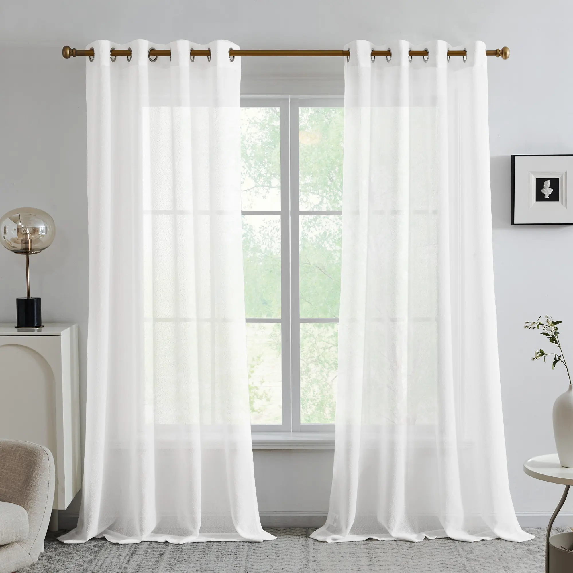 Deconovo 133G Linen Look Sheer Curtains with Dotted Texture, White Grommet Light Filtering Window Drapes for Bedroom and Living Room