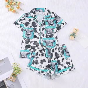 2026 New Women's Pajamas, Four-Season Cow Print, Turn-down Collar, Short Sleeve, Shorts, Comfortable European and American Home Wear Set button long sleeve top