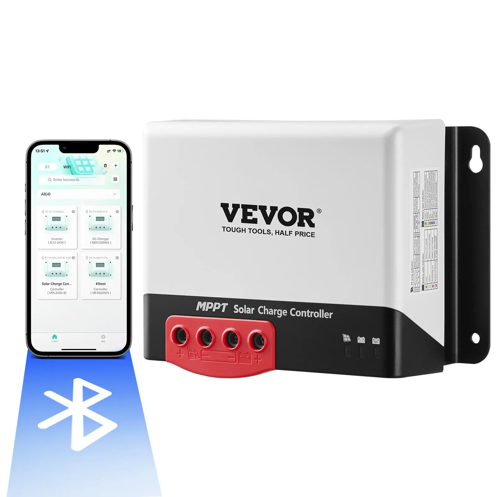 VEVOR 50A MPPT Solar Charge Controller - 12V/24V Auto DC Input, Bluetooth Control MPPT Charger, 98% Efficiency, Lightning Protection, 200W & Above Compatible, Battery Reverse Protection for Sealed(AGM), Gel, Flooded, Lithium Batteries