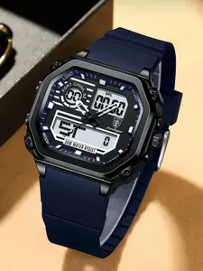 Men's Luminous Multifunctional Watch, Stainless Steel Case, Mineral Glass, Square Dial, Dual Display, 30m Waterproof, Silicone Strap