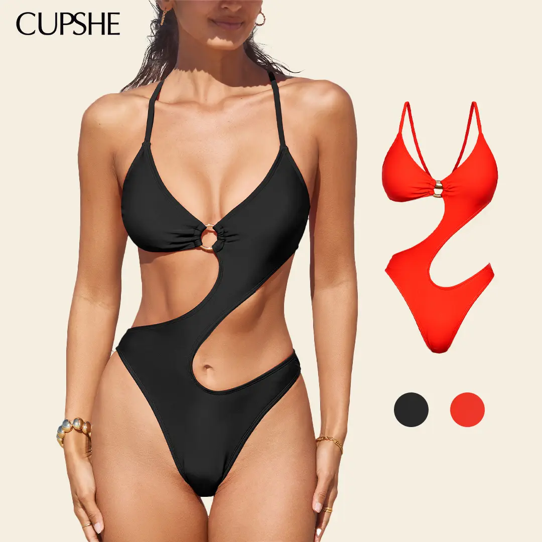 CUPSHE O-Ring Cutout Monokini One-Piece Swimsuit Bikinisuit- Deep V-Neck & Waist-Defining Cross Tie Back swimwear | 2026 Glam Pool Party Must-Have Bathing suit #summerfinds tiktokshopbacktoschool