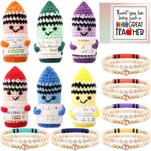6 Set Teacher Appreciation Gifts Crayon Crochet Dolls with Thank You Teacher Bracelet Presents for Graduation End of Year from Students