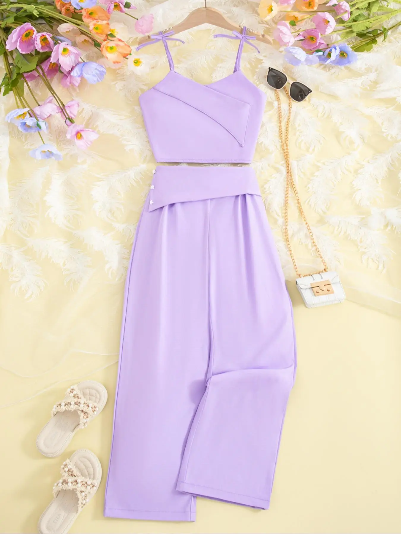 Girl's Solid Color Cami Top & Wide Leg Pants Two-piece Set without Bag and Glasses, Casual Sleeveless Top & Trousers for Summer, Kids Clothes for Dail