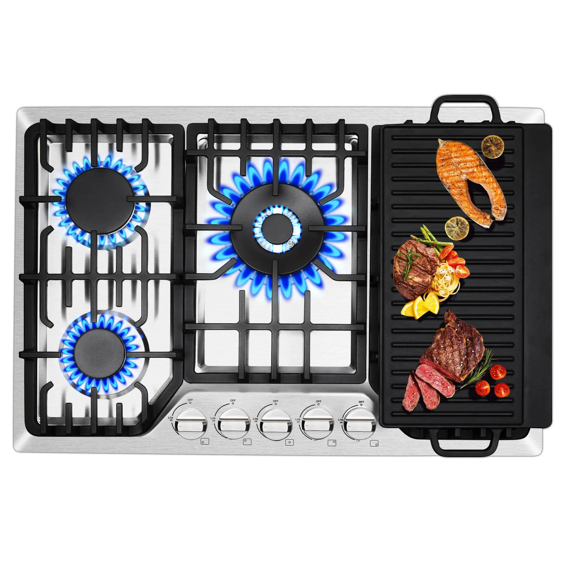 30 Inch Pro Griddle Gas Cooktop 5 Burner Built-In Convertible NG/LPG Commercial 304 Stainless Heavy Duty Quick Clean CSA Certified HG001-305S High Efficiency Kitchen Stove Pressure Stove Dual Fuel tiktokshopbacktoschool, Cast Iron, 120V Ac