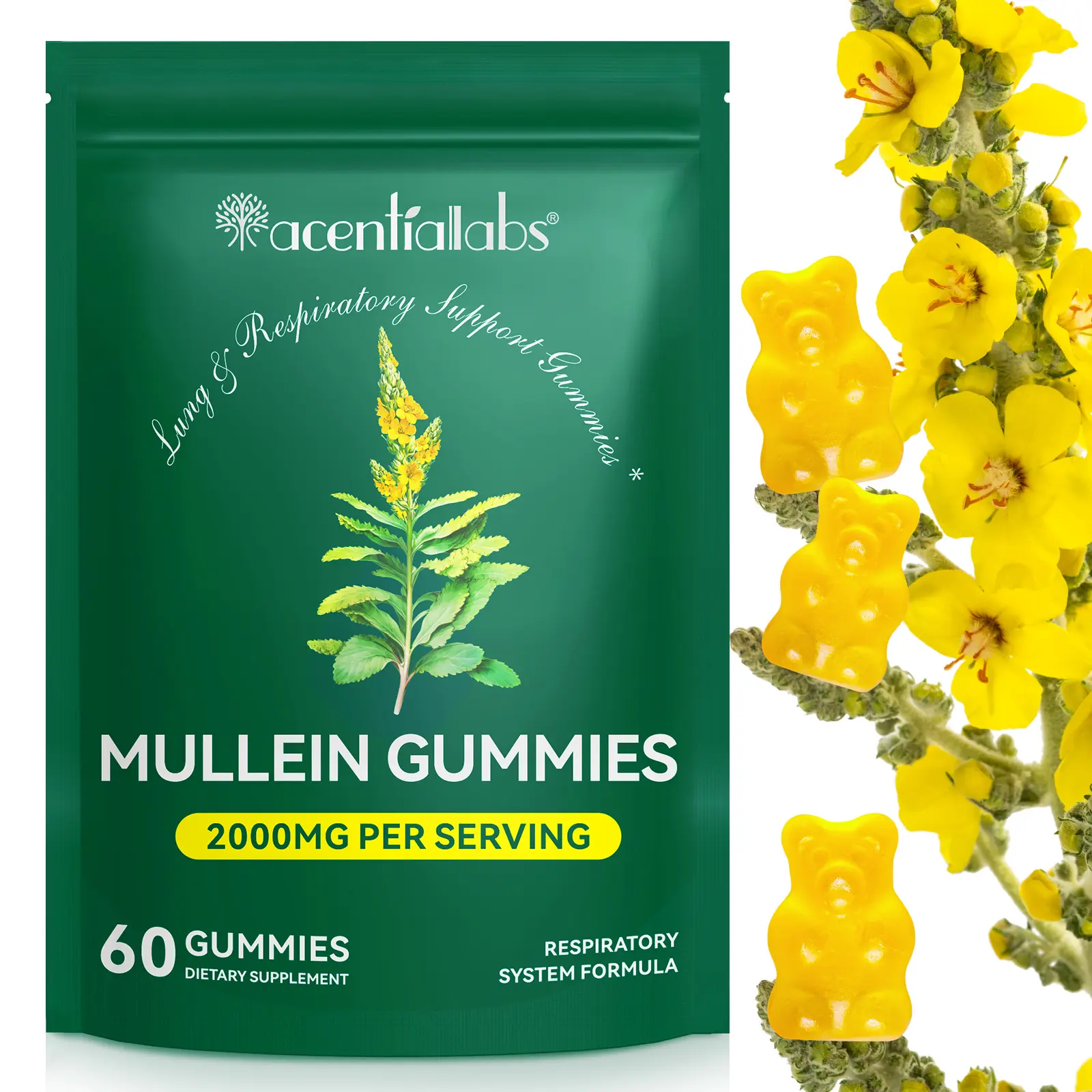 Acentiallabs Mullein Gummies 2000mg Per Serving 60 Count Daily Respiratory Health Gummies with Mullein Leaf Herb Extract for Lung Health & Sinus Relief Pear Flavor 30-Day Supply Edible Natural