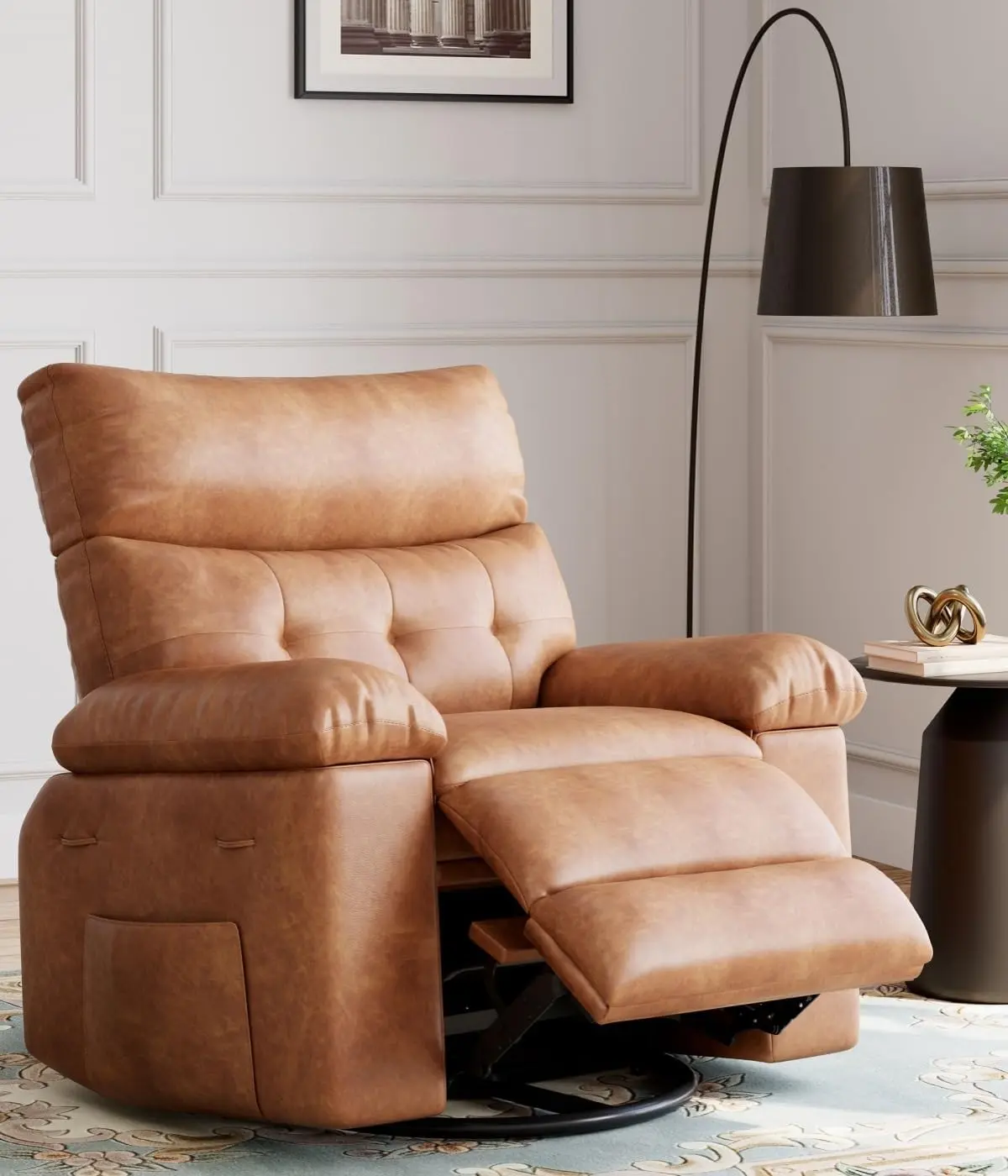 Swivel Rocking Recliner Chair, 56 in Wide PU Leather Reclining Nursery Rockers with Heat & Massage, 360° Round Base Rocker Recliner Chair with Pull Handle, Silla Mecedora, Vintage Dual-Tone (brown)
