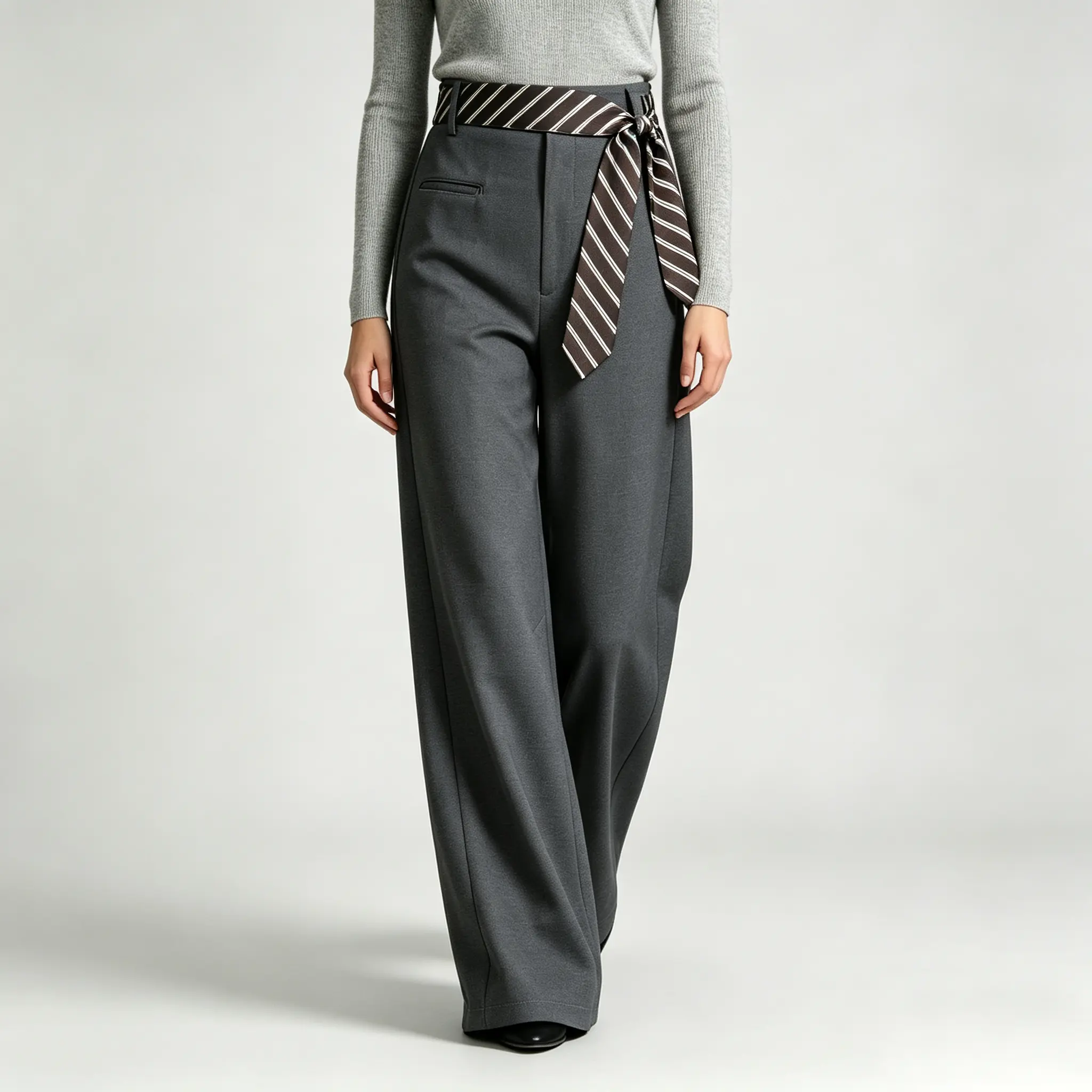 Women's Striped High Waisted Pants with Ribbon Details - Autumn-Winter Polyester Fiber Casual Fashion Trousers, Drapey Look, High-Waisted Wide-Leg, Loose Slimming, Floor Length, Versatile Commuting Bottoms baggy