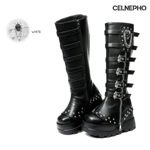 CELNEPHO Platform Go Go Knee High Boots for Women Goth Punk Round Toe Fashionable Rivets Chunky Block Heel Multiple Metal Buckle Side Zipper Closure for Cosplay Party Festival Dress Shoes