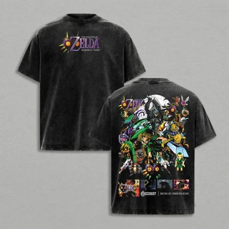 Heavy Cotton Distressed Vintage Wash Graphic T Shirt Zelda Majoras Mask Double Side Full Game Character Art Print Oversized Short Sleeve Tee Mens Gaming Street Style Daily Outdoor Casual Video Game Fan Outfit