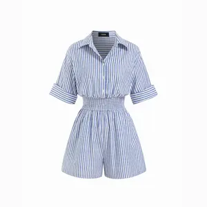 Cider Cotton-Blend Striped Collar Shirred Waist Romper