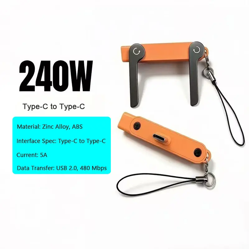 240W Type-C Fast Charging Adapter | Foldable Metal Phone Stand, Mini Portable Charger Connector with Lanyard for Apple & Android Phones Adjustable Alloy Device Durable Usb Black Cellphone Smartphone