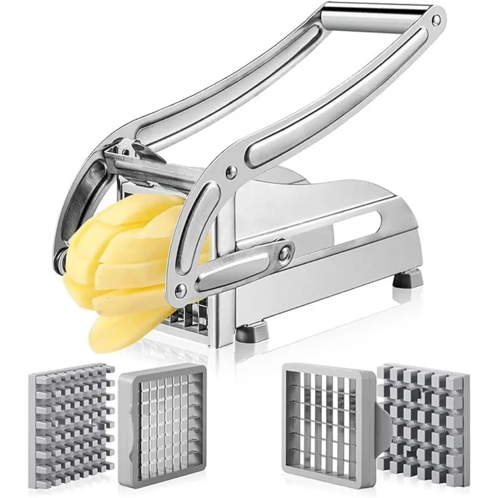 1pc Stainless Steel French Fry Cutter - Multifunctional Vegetable Slicer with 2 Interchangeable Blade Heads, Suitable for Potato, Radish, Carrot, Cucumber, Ideal for Housewives’ Household Kitchen, Camp Kitchen Party Snacks (Sports & Outdoor Camping Tool),