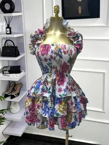 PULKRITU Elegant Women Sweet Sexy Club Party Outfit Dress, Women's Floral Print Backless Strapless Layered Ruffle Mini Prom Dress,Lady Casual Dresses,Female Brunch Dresses,Graduation Dress,