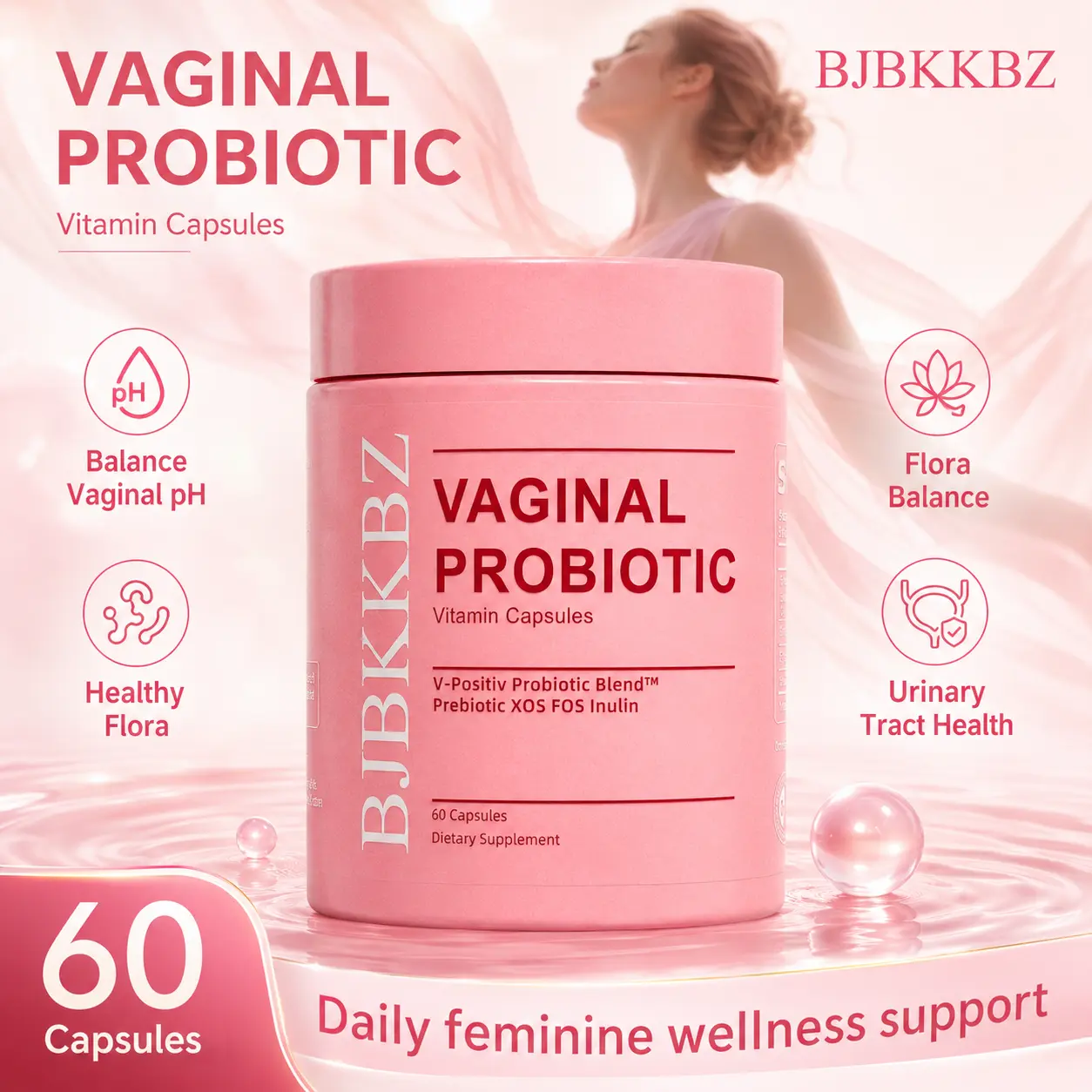 BJBKKBZ Edible Vaginal Probiotic Vitamin Capsules - V-Positiv Blend with Prebiotic XOS, FOS, Inulin - 60-Count Dietary Supplement for Vaginal pH & Yeast Balance