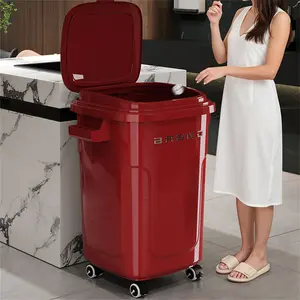 Red/White Press-Top Trash Can with Wheels | 20L Large Capacity, No-Bending & Odor-Proof for Kitchen/Living Room!