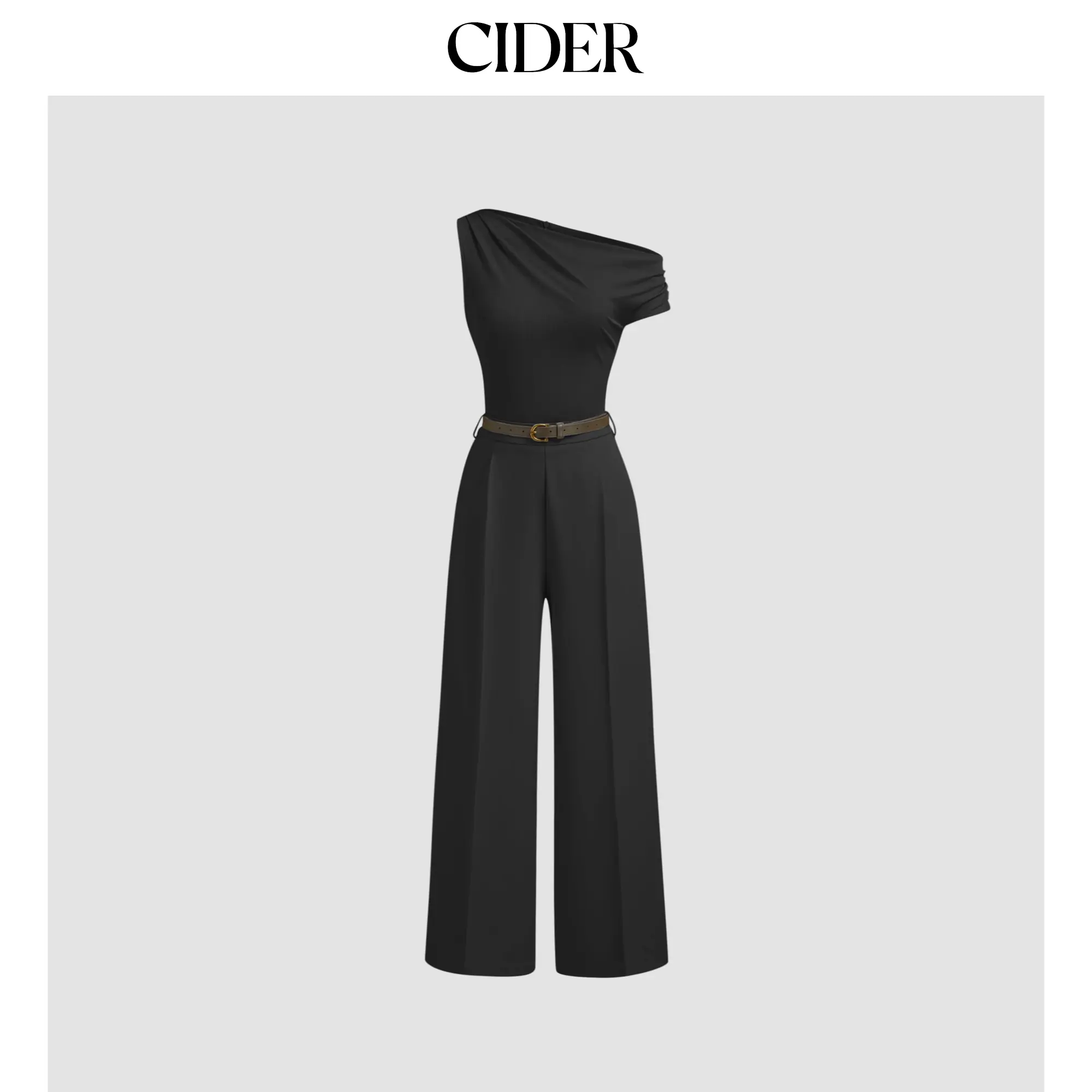Cider Women's Solid Ruched Jumpsuit, Full Length Casual Wear Overalls with an Asymmetrical Neck and Belt Detail