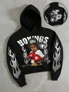 Men's Hooded Sweatshirt, Short Box Fit, Simple Basic Design, Dual-Layer Cap, Boxing Kid Pattern, Casual All-Season Wear, Unisex Valentine Gift