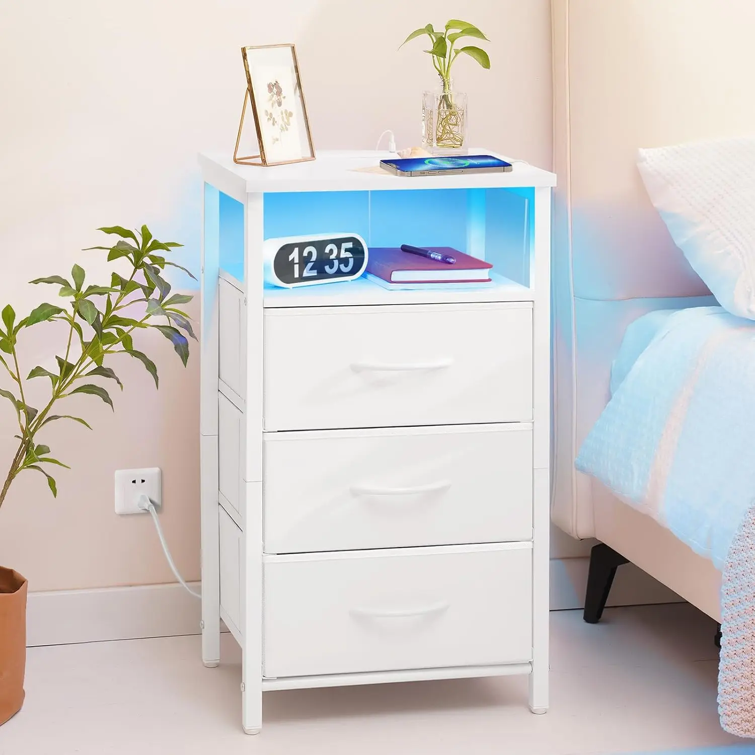 Night Stand with Charging Station, LED Nightstand with U-S-B Ports and Outlets, 3 Fabric Storage Drawers with PU Finish, Bedside Table, White