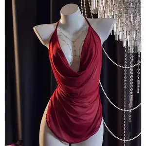 Women's nightgown Pajama Set Hanging neck swing collar exquisite with chest chainLace Trim Sexy Lingerie Uniform Dating Set Valentine's Day Gift Elegant