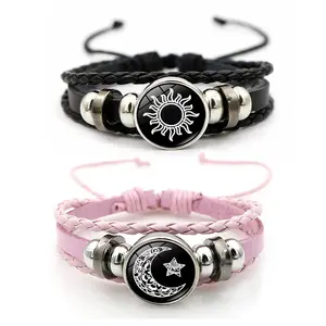 Cross-border New Product 2025 Sun Moon Lovers Leather Bracelet Vintage Punk Multi-Layer Beaded Woven Bracelet Couple Gift 17cm Chain Length PU Leather Glass Sheet Daily Wear