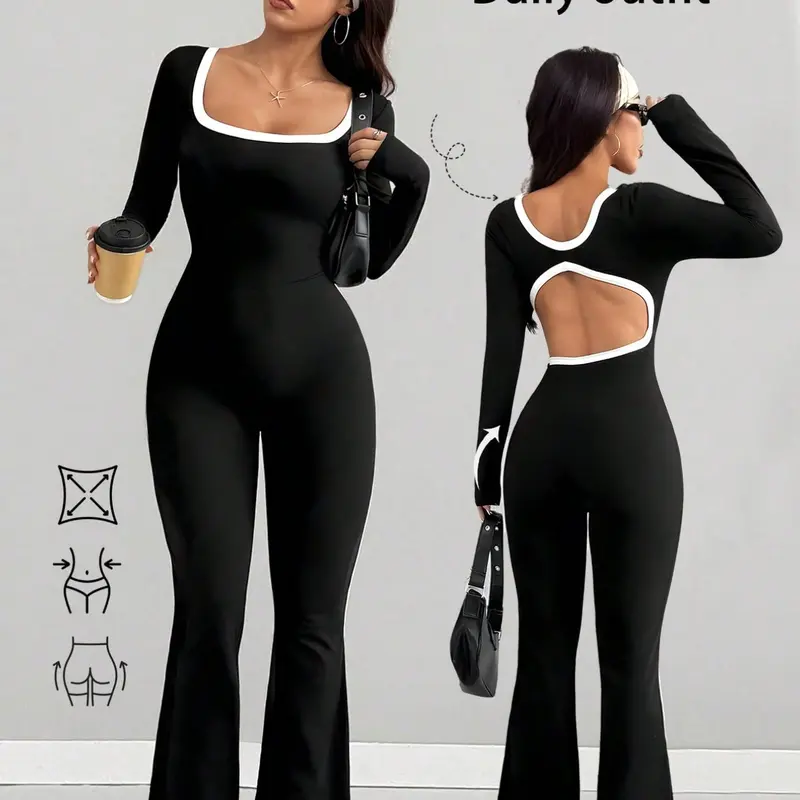 High Elasticity Fitted Jumpsuit, Womenswear, Long Sleeve, Back Hollow Out Design, Fashion Aesthetic Slimming Body, Versatile for All Seasons, Plain Pattern, Casual, Minimalist, Fit Jumpsuits