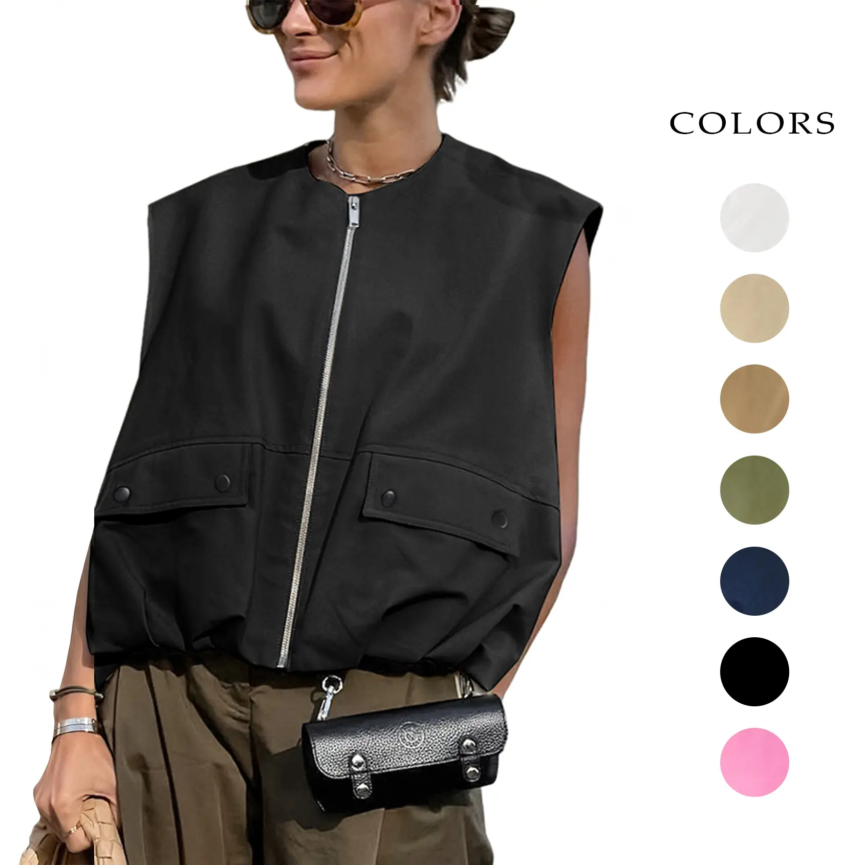 Yimoon Women’s Oversized Zip Up Cargo Vest Casual Ruched Hem Sleeveless Blazer Jackets Vest Top with Pockets