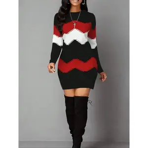 Women's Christmas Vintage Geometric Print Casual Long Sleeve Dress, Elastic Polyester Blend Mini Tight Fit, Perfect for Daily Wear & Festive Party Occasions, Perfect Holiday Gift（gift）