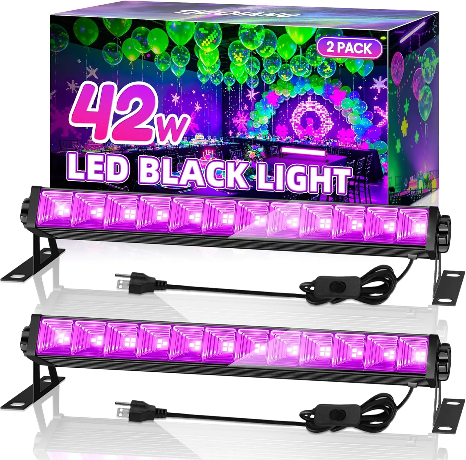 2 Pack 42W LED Black Light Bar, Blacklight with 6FT Cord+Switch+Plug, Glow in The Dark Black Lights Party Supplies,Halloween Lighting Decorations, Fluorescent Poster, Body Paint, Classroom