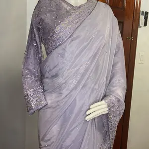 Partywear Saree - Lavender Color with Stone Work Embroidered organza Fabric for Festive Occasions
