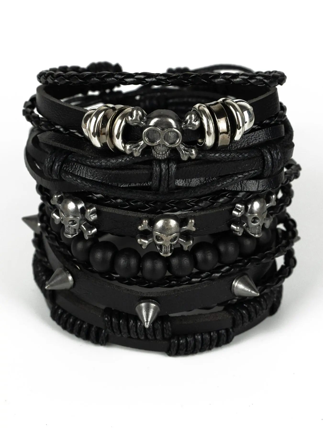 Punk Style Skull & Rivet Design Bangle Bracelet, Goth Braided & Beaded Bracelet for Both Men & Women, Trendy All-match & Exquisite Jewelry for Birthday Gift, Halloween, Gothic Witch Jewelry, Trendy Stackable Beaded Bracelet Sets