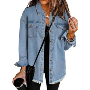 Women's Oversized Button Up Frayed Hem Shacket Long Sleeve Pockets Denim Jean Jacket