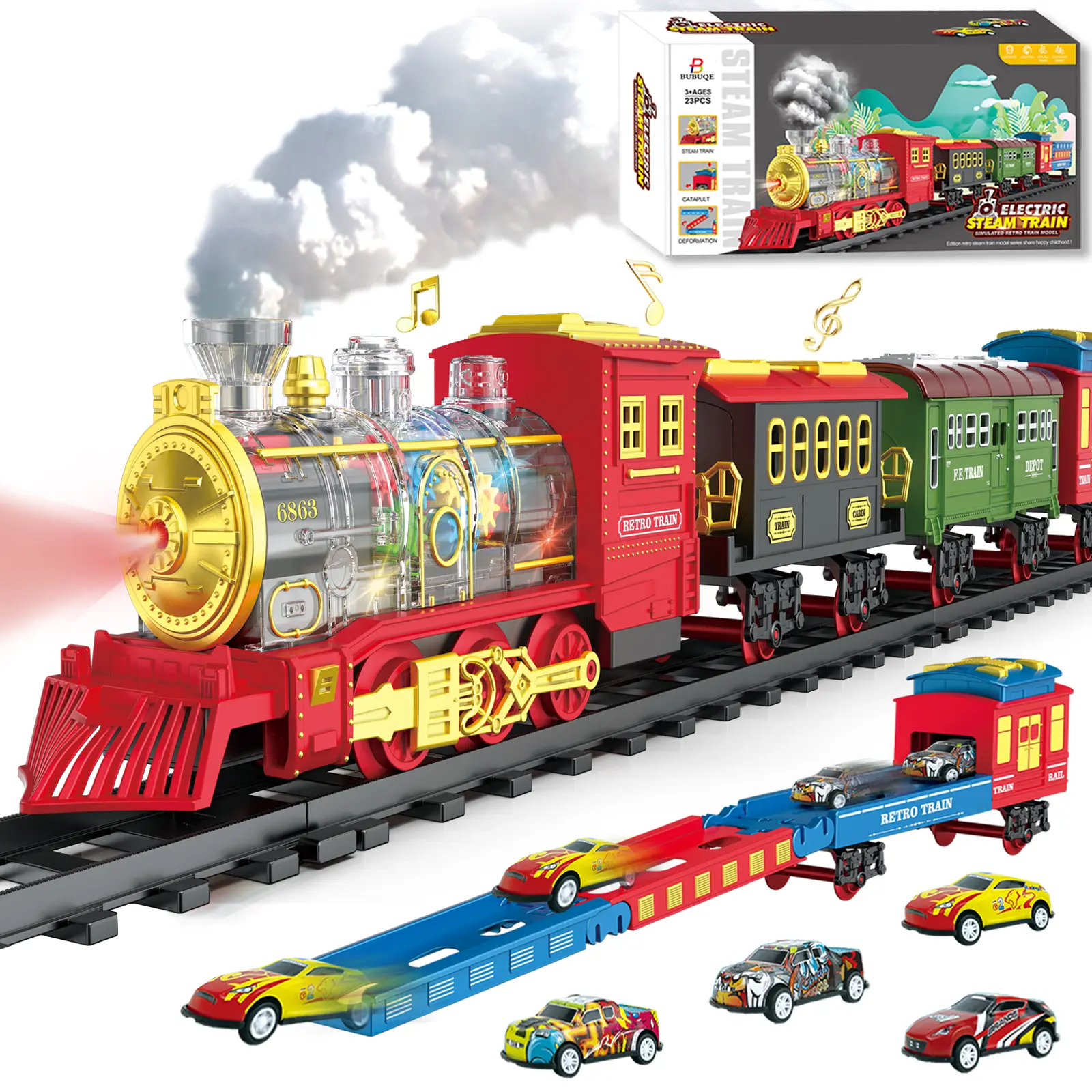 Electric Train Set Train Toys with Lights & Sound, Toy Train Steam Locomotive with Cargo Cars & Tracks, Rechargeable Battery Toddler Model Train Set for 3 4 5 6 7 8+ Year Old Boys Kids Birthday Gifts