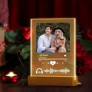 Custom Photo & Song Acrylic LED Night Light Personalized Keepsake with Wooden Base 6x8 inches Superior Quality Perfect Gift for Special Occasions, Night Light Gift for Valentine's Day