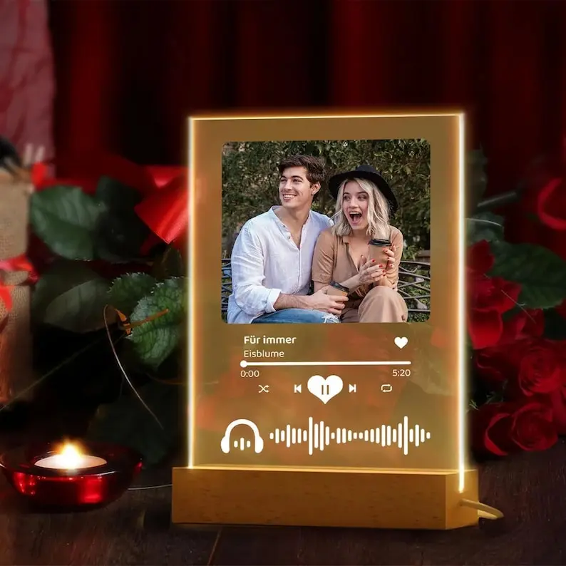 Personalized Custom Photo & Song Engraved Acrylic LED Mood Light - 6x8in Superior Quality Tabletop Decorative Wooden Specialty Photo Frame Keepsake, Gift for Girlfriend, Ideal for Special Occasions