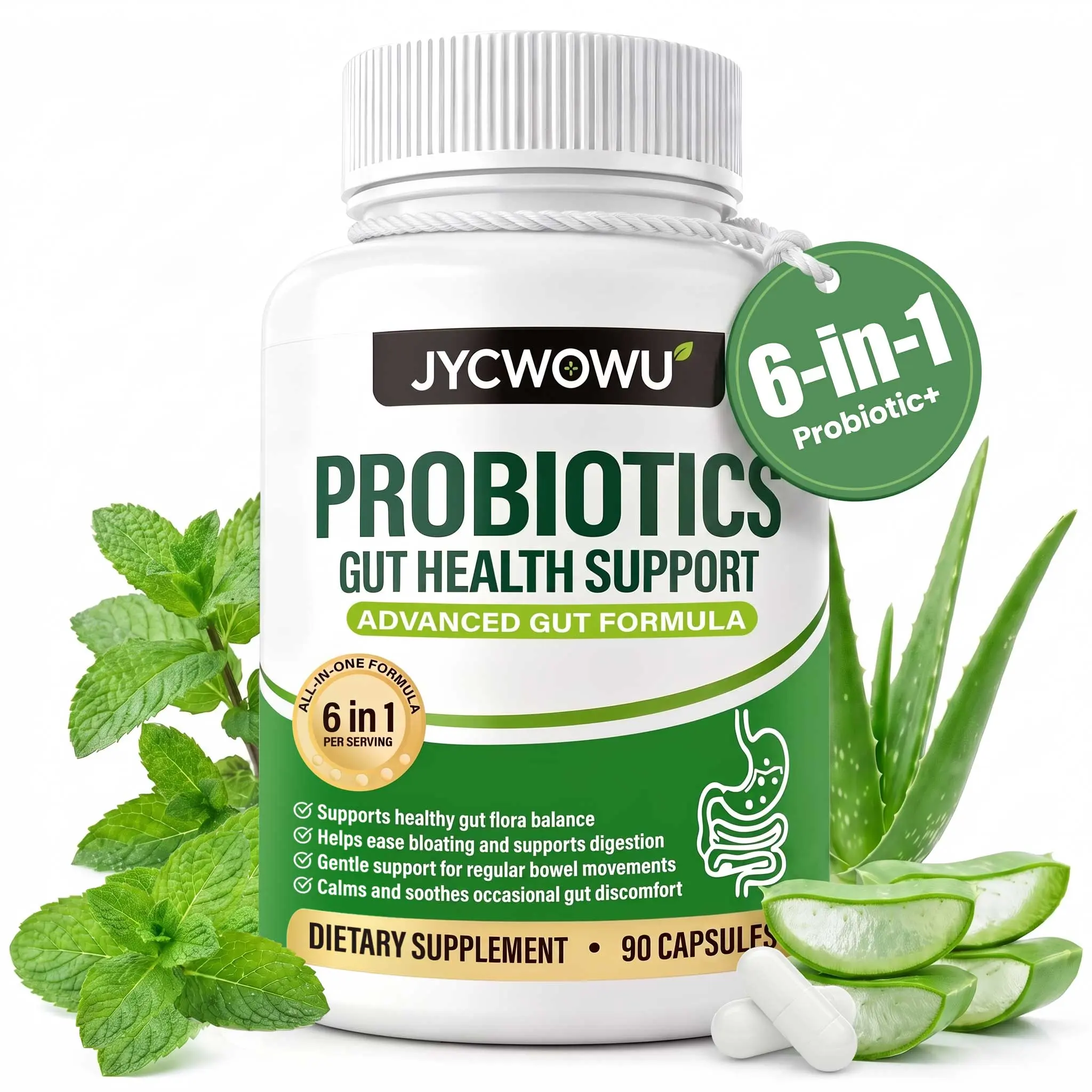 Advanced Probiotic & Prebiotic Supplement with Digestive Enzymes - 6-in-1 Gut Health Support Formula - 90 Servings - JYCWOWU