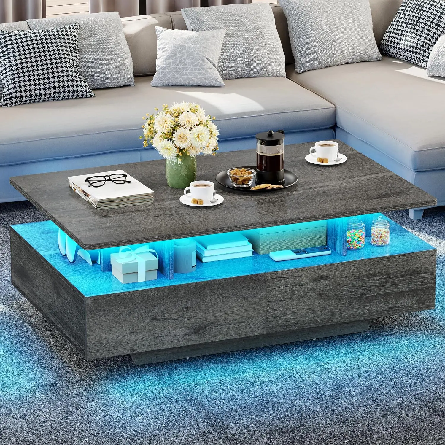 YITAHOME  Led Farmhouse Coffee Table with 4 Drawers & Storage, Grey