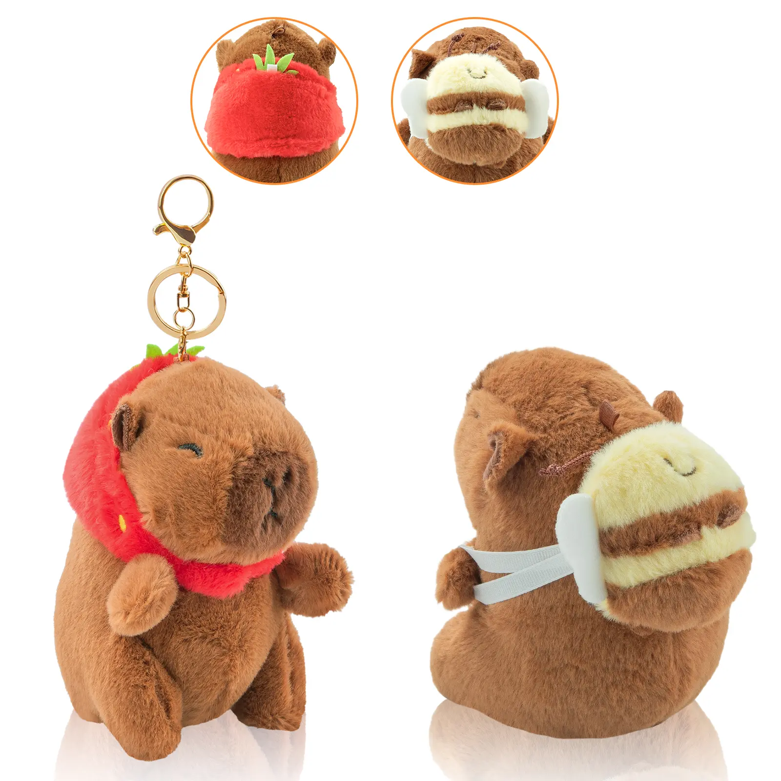 Girls' 2-Piece Kawaii Capybara Plush Keychain Set - Animal-Themed Doll Charms with Strawberry Hoodie, Bee Details, Mini Portable Size, Cozy Hand Feel, Lightweight, Backpack Accessories for Friends, Kawaii Plush Collectors