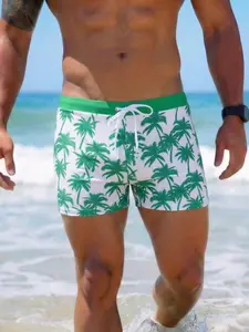Men's Coconut Tree Pattern Swim Trunks, Elastic Waist Drawstring, Comfortable Casual Beach Party Shorts, Swimwear Shorts, Spring Summer 2026 New Design