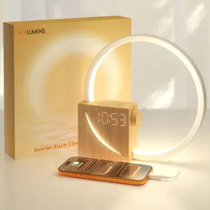 Sunrise Alarm Clock Wake Up Light - 3-Level Dimmable Touch Lamp with White Noise & 10 Sounds - Dual Alarm Snooze - USB Charging Port - International Warranty Home Decor Light Wood-Knob Version