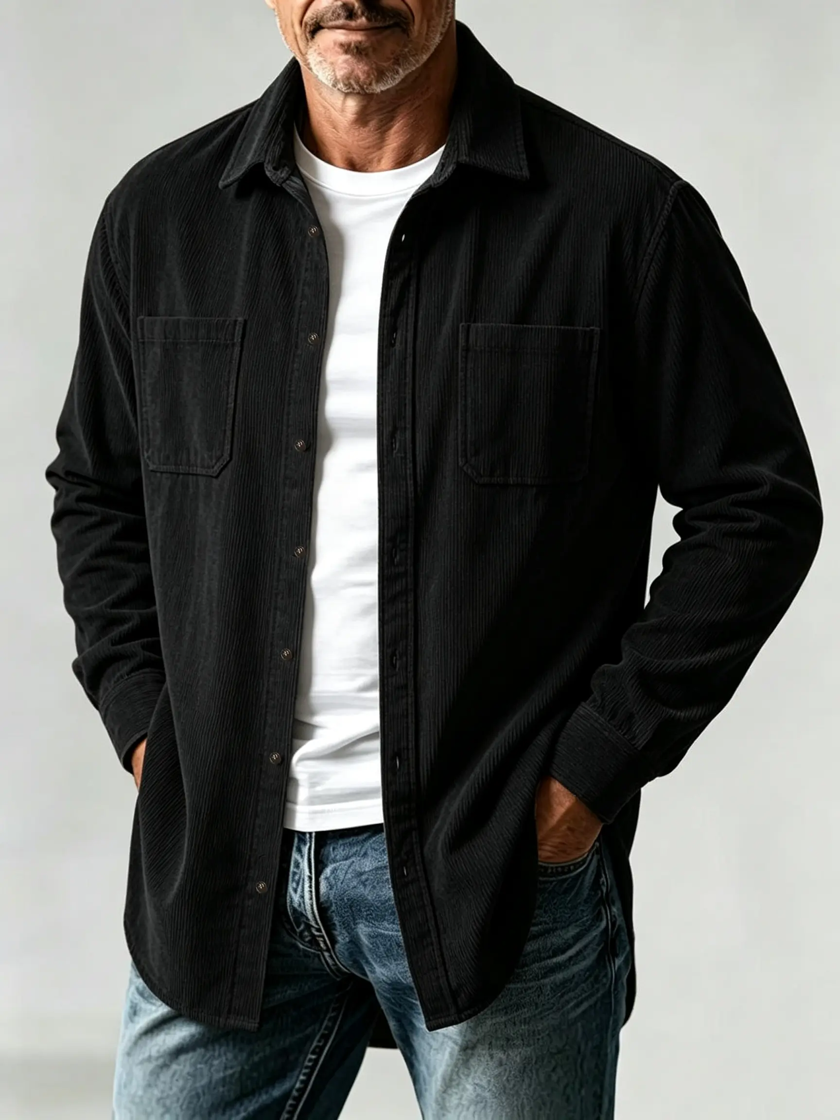 Men's Casual Corduroy Long-Sleeve Button Shirt - 2-Pocket Overshirt for Daily Menswear Tops