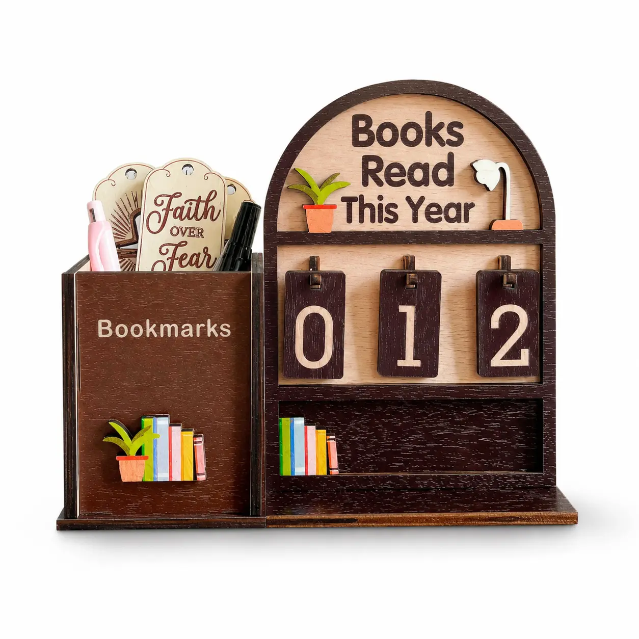 Wooden Book Tracker with Bookmark Holder, 3-Digit Books Read This Year Counter, Reading Desk Organizer, Back to School Gift for Students, Teachers and Book Lovers Back-to-school season gift