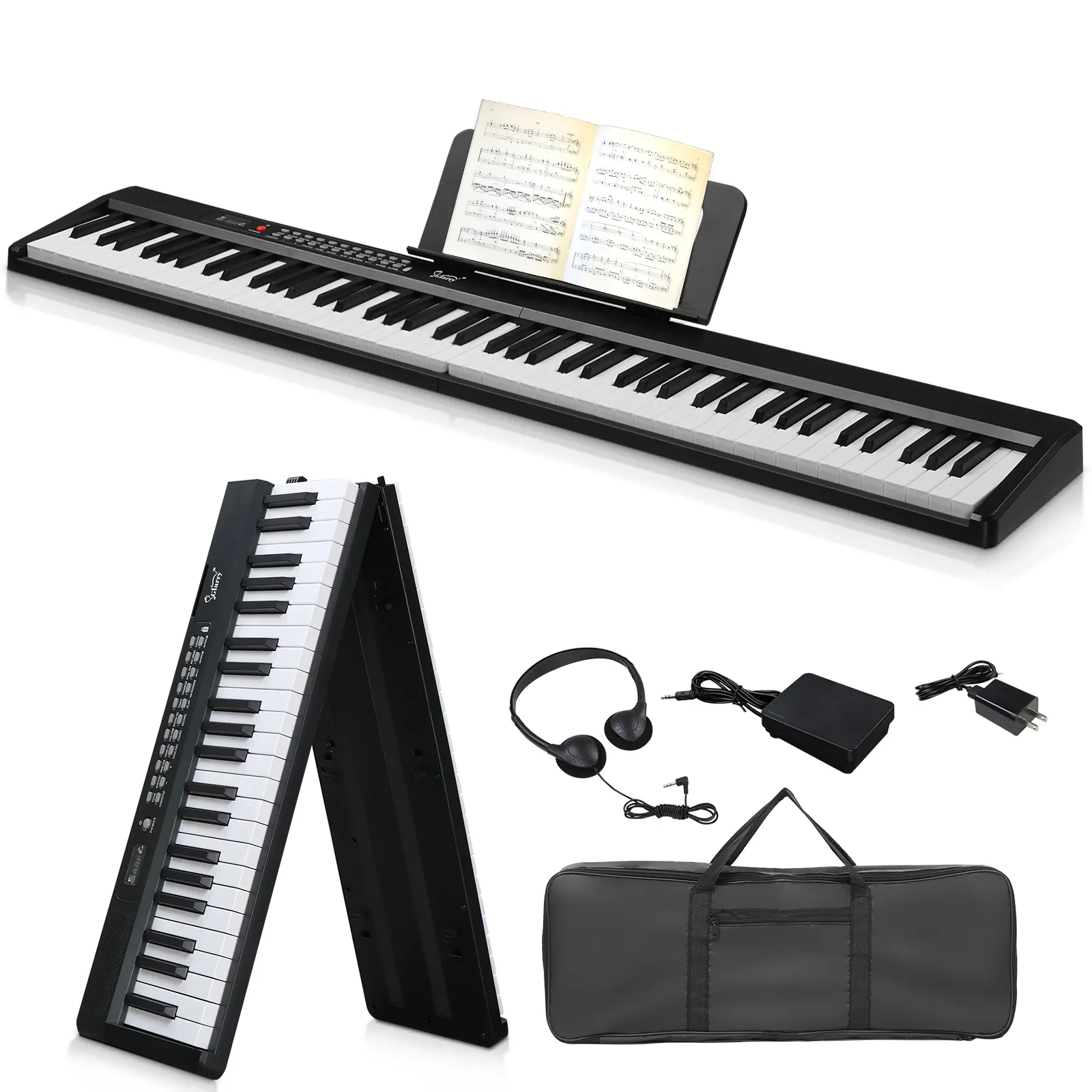 88-Key Semi-Weighted Foldable Digital Piano - Portable Electronic Keyboard with MIDI, Bluetooth, Handbag, Headphone, Note Sticker, Music Sheet Controller, for Students, Black/Beige, Budget-Friendly