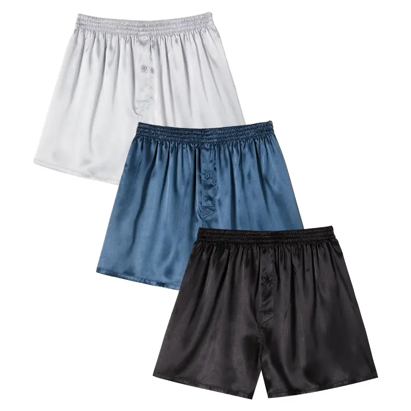 JupiterSecret 3-Pack Men's Satin Boxer Shorts in Assorted Solid Colors, Smooth Glossy Texture, Lightweight Loose Fit, Button Fly and Wide Elastic Waistband